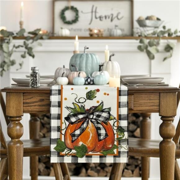 Pumpkin Table Runner Buffalo Plaid Fall Decor Autumn Kitchen Dining Home Party - Picture 2 of 7